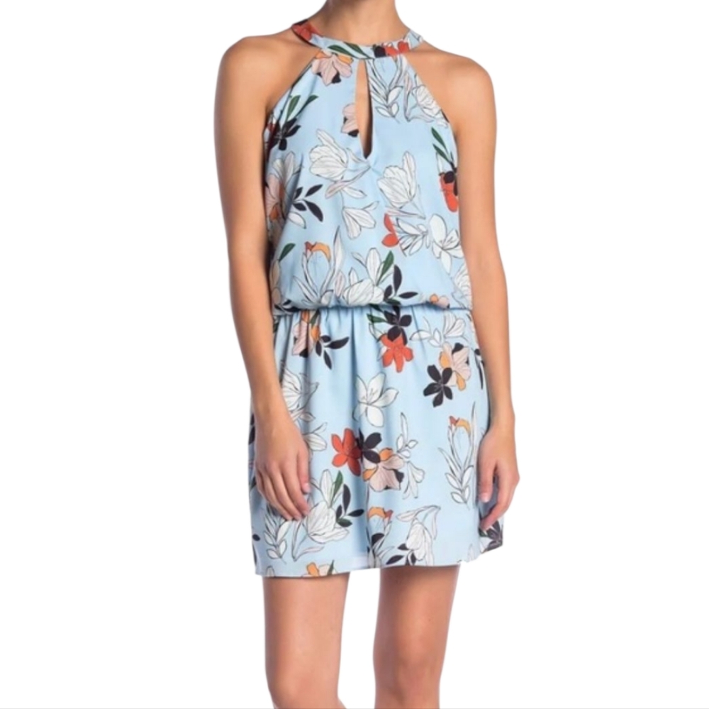Elie Tahari Blue Ruffled Tie Front Halter‎ Mini Tropical Sundress Size Medium